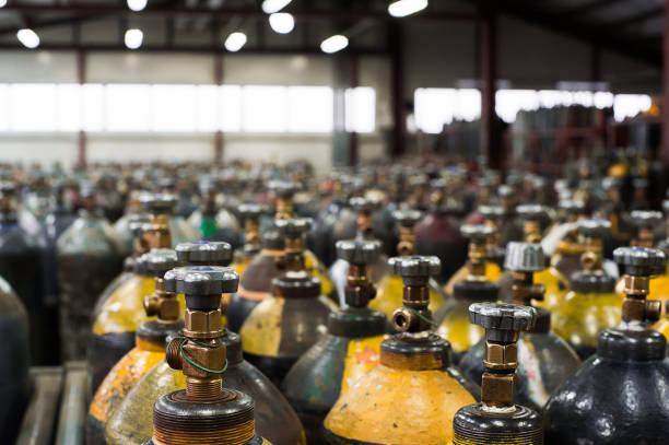Cilinder with mixed gases. Tanks with compressed gas for industry. Liquefied oxygen production. Factory.