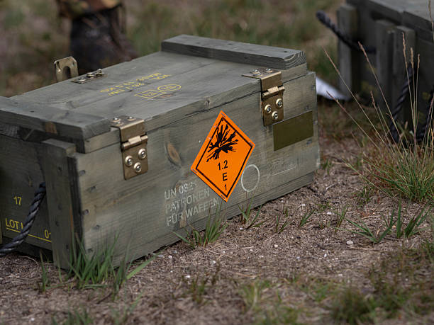 m14 Military ammunition crate with explosive warning label positioned on ground with vegetation